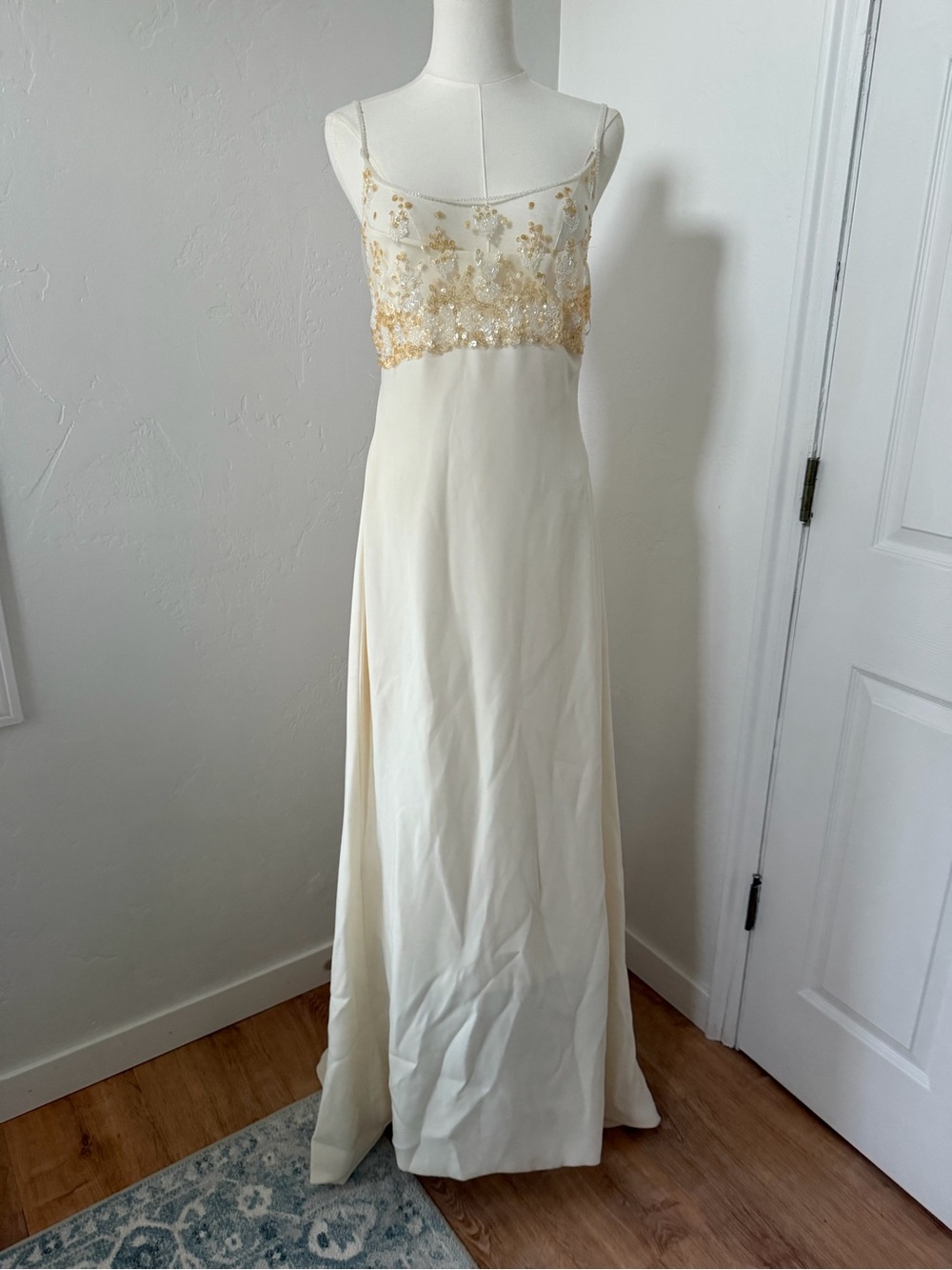 Pronovias Vintage Elegant Spaghetti Strap Dress with Bead Embellishments